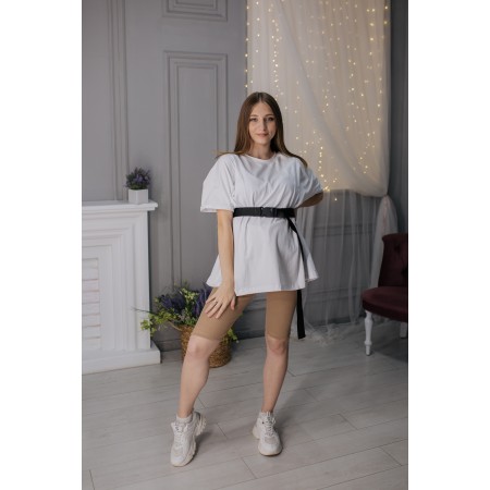 Комплект для вагітних бежеві велосипедки в рубчик і біла футболка оверсайз 